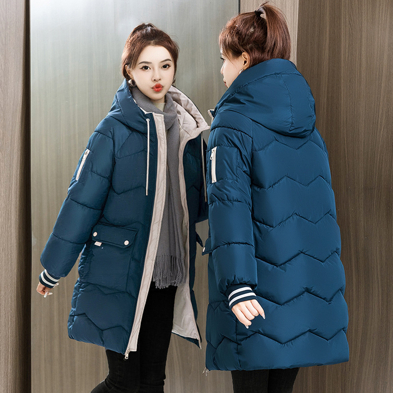 Hooded Long Women's Cotton Jacket Korean Version 2025 Winter Loose Cotton Coat Plus Size Thickened down Cotton with Large Pockets