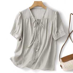 Real Shot of Linen Blend V-Neck Drawstring Short-Sleeve Shirt 2025 Summer New Versatile Ultra-Short Cake Skirt Anti-Exposure