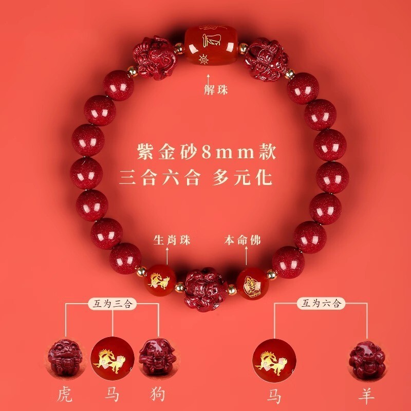2026年新朱砂手串女鼠牛兔马本命年紫金砂手链男三合六合正品礼物|undefined