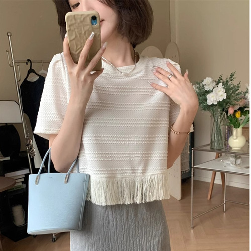 Summer Korean Style Fashion Texture Knit Solid Color Fringe Edge Short Sleeve Top for Women