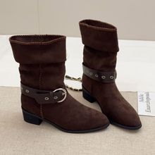 复古两穿马丁靴女2025冬新款西部牛仔骑士靴百搭尖头皮带扣时装靴