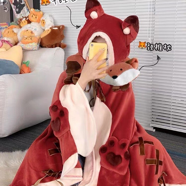 Luna Wonderful Journey Fox Afternoon Pajamas Air Conditioning Blanket Office Shawl Cape Cute Coral Fleece Student