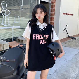 篮球服女夏季ins潮短袖假两件上衣2025新款宽松下衣失踪t恤ZX8053