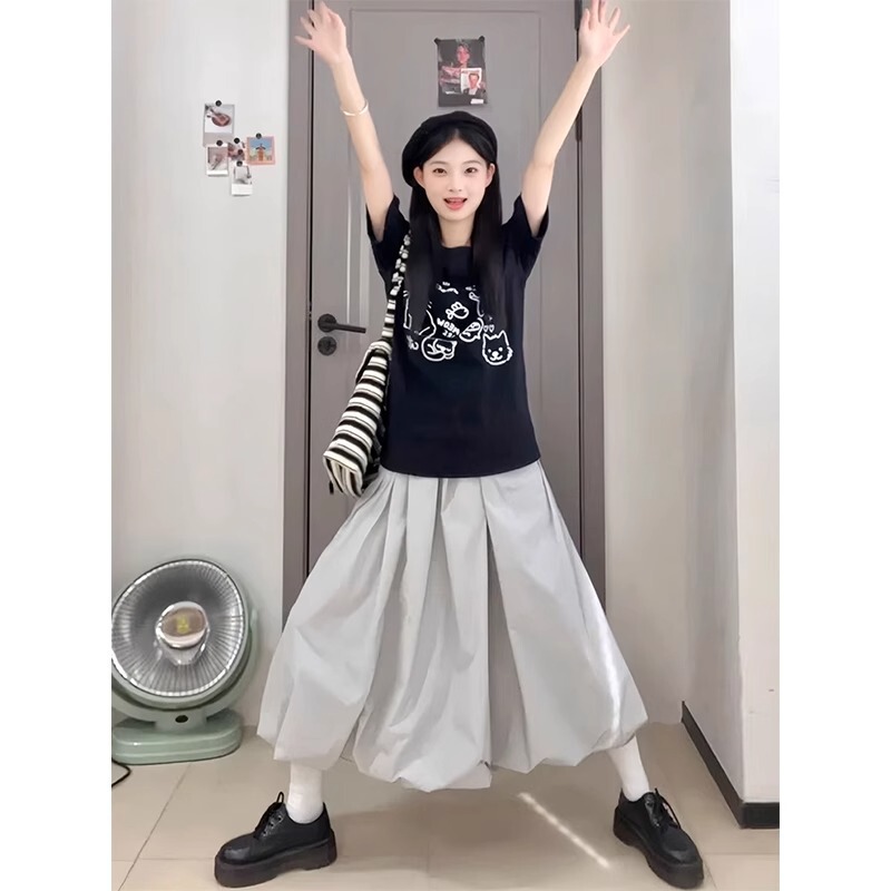 Grey Flower Bute Dress Women's Summer 2025 New High Waist Slim A- Line Umbrella Skirt Small Puff Lantern Skirt