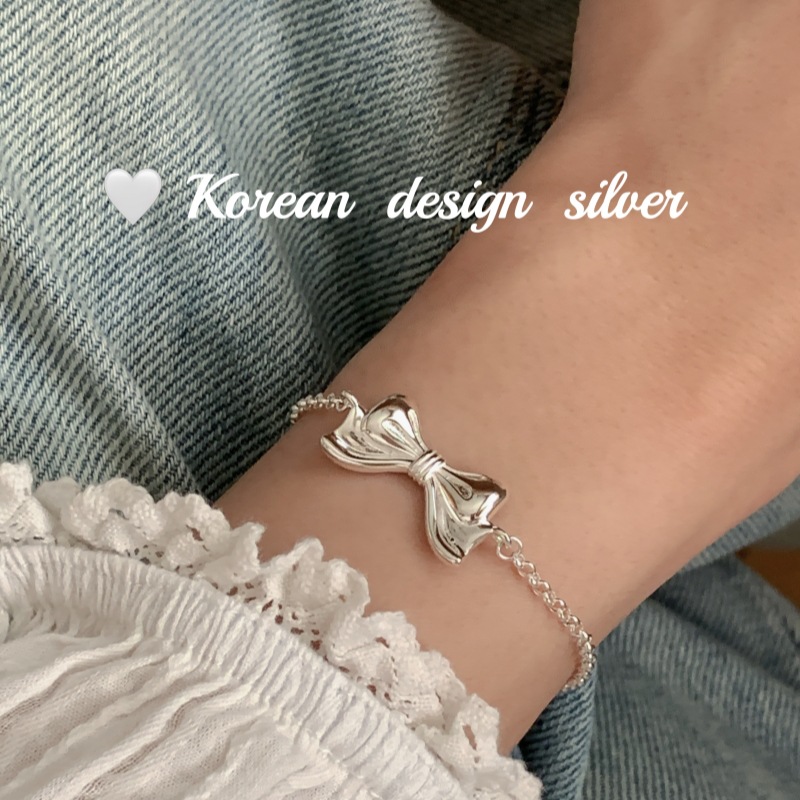 韓國簡約ins風銀飾品 S925純銀蝴蝶結寬版手鍊 疊戴個性小眾設計
