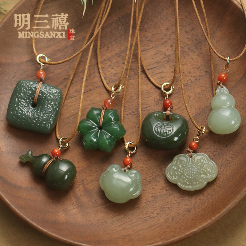 Natural Xinjiang Hetian jade gourd pendant, Ruyi square buckle jade pendant, retro Chinese style women's sweater chain pendant