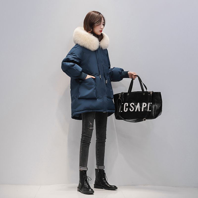 Down jacket women's 2024 winter new fashion loose real fur collar fox fur white duck down long thick coat