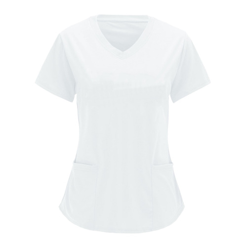 Eurasian nurse style solid color crew neck short sleeve T-shirt with large pockets for women, size code/large