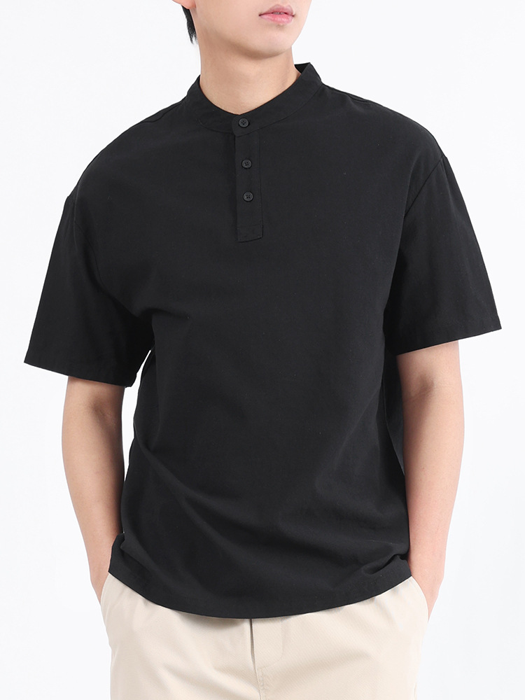 Nueva camiseta china de algodón masculino de alto nivel, camiseta de cuello Henry de manga corta, ropa casual, ropa de cuello superior, ropa para hombres