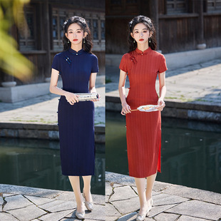 Spring and Summer 2025 New Stretch Cotton and Linen Striped Cheongsam Retro Elegant Literary Style Improved Modern Cheongsam Dress for Girls