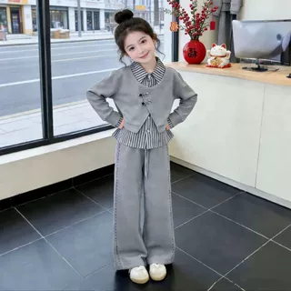 女童春秋季休闲套装2026新款儿童条纹假两件衬衫上衣中大童两件套