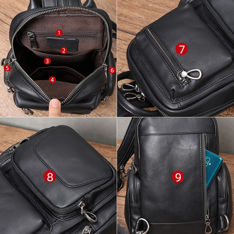 Túi đeo chéo nam da bò lớp đầu kiểu đeo ngực đa năng 22×12×28 cm — Màu đen chi tiết 5