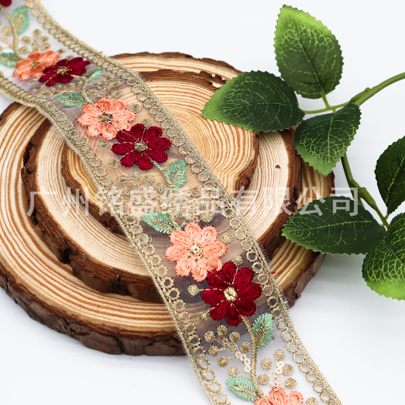 Accesorios Hanfu de encaje bordado de organza de 4,5 CM, estilo étnico, bordado por computadora, lentejuelas, cuello, accesorios de equipaje