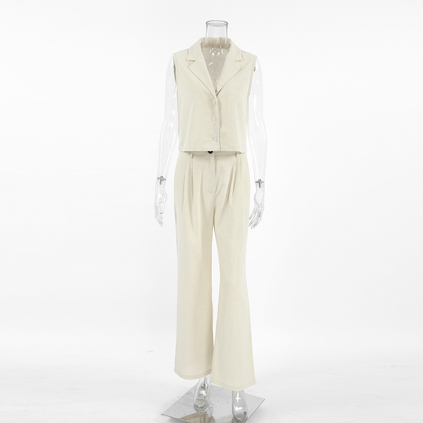 Ropa de mujer Traje casual de moda de verano de algodón y lino de color puro chaleco suelto sexy sin mangas pantalones versátiles traje simple de dos piezas_voghion.com