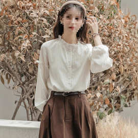 盐系新款穿搭内搭女打底衫长袖年木耳衬衫2025立领上衣早秋法式