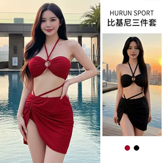 泳衣女新款度假性感绑带红色比基尼小胸聚拢泡温泉辣妹泳装三件套