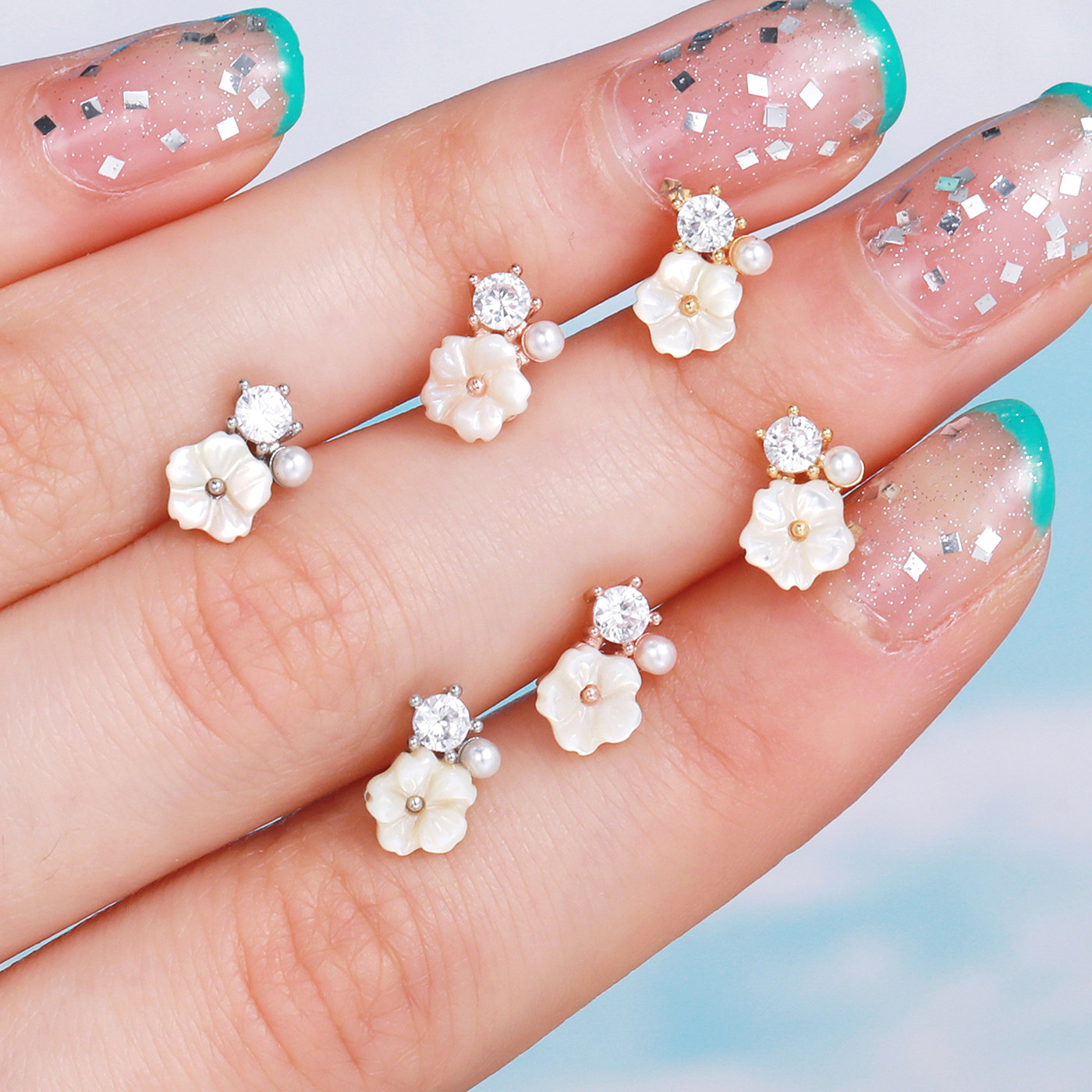 Sweet Flower Brass Inlay Zircon Earrings 1 Piece