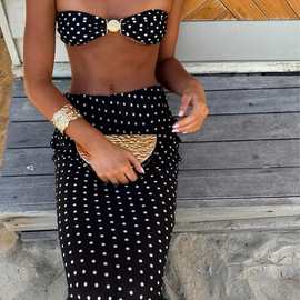 2026夏季欧美新款气质波点印花露脐抹胸上衣小背心半身裙两件套装