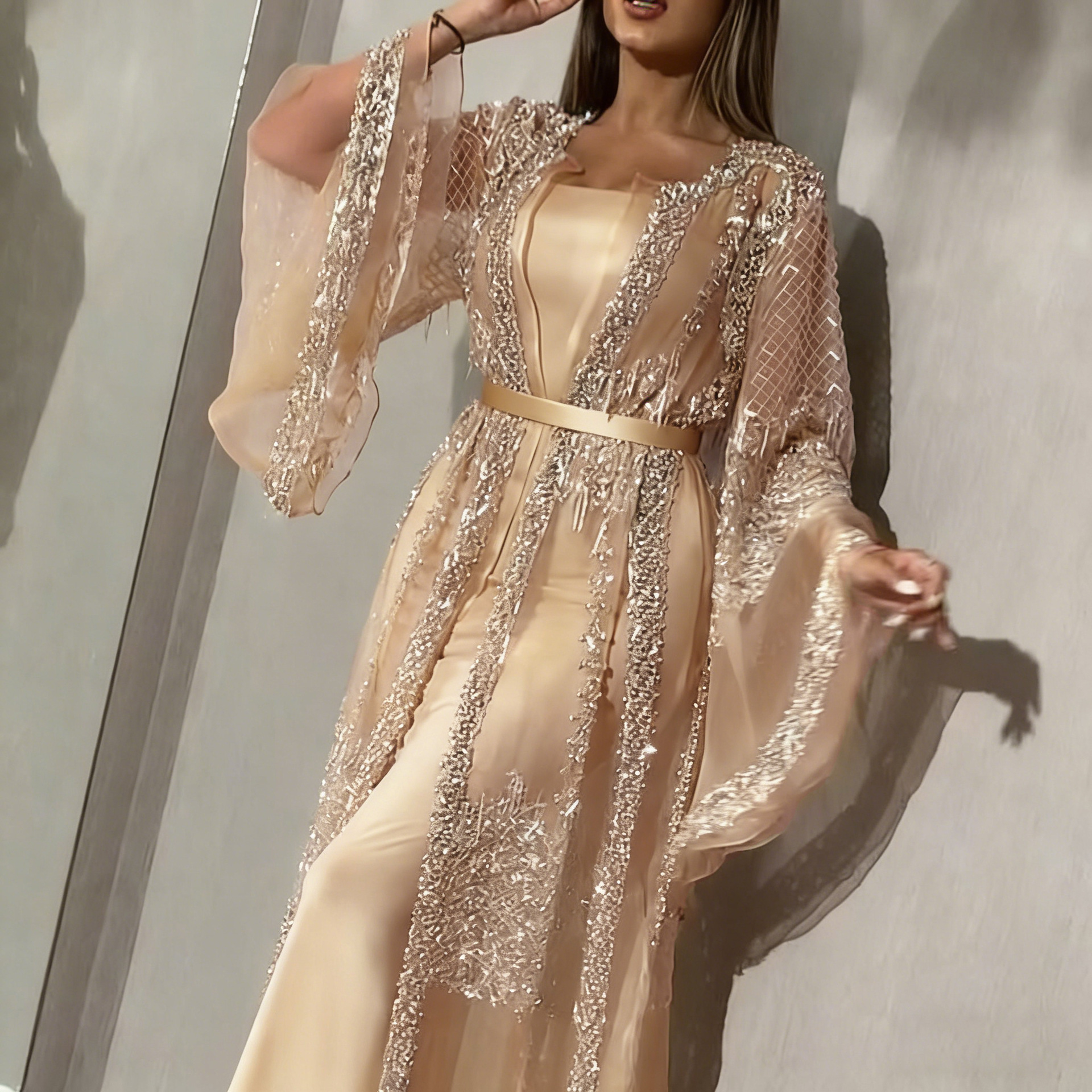 2025 nuevo estilo transfronterizo de comercio exterior europeo y americano vestido de mujer bronceado vestido de swing sexy vestido de noche de banquete de chal