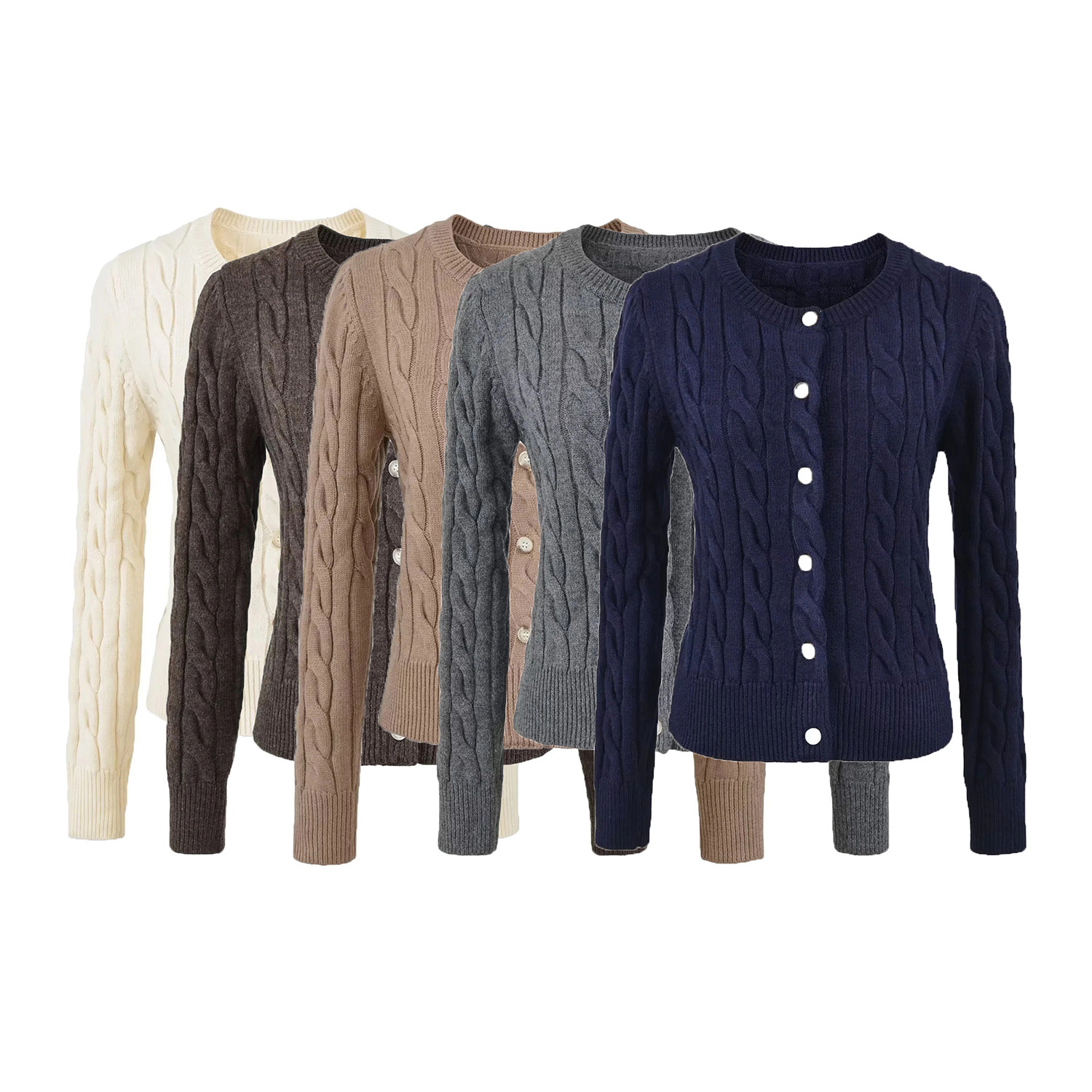 Old Money Style Round Neck Single-Breasted Cable Knit Cardigan for Women, American Retro Outerwear, Slimming and Age-Reducing Knit Top