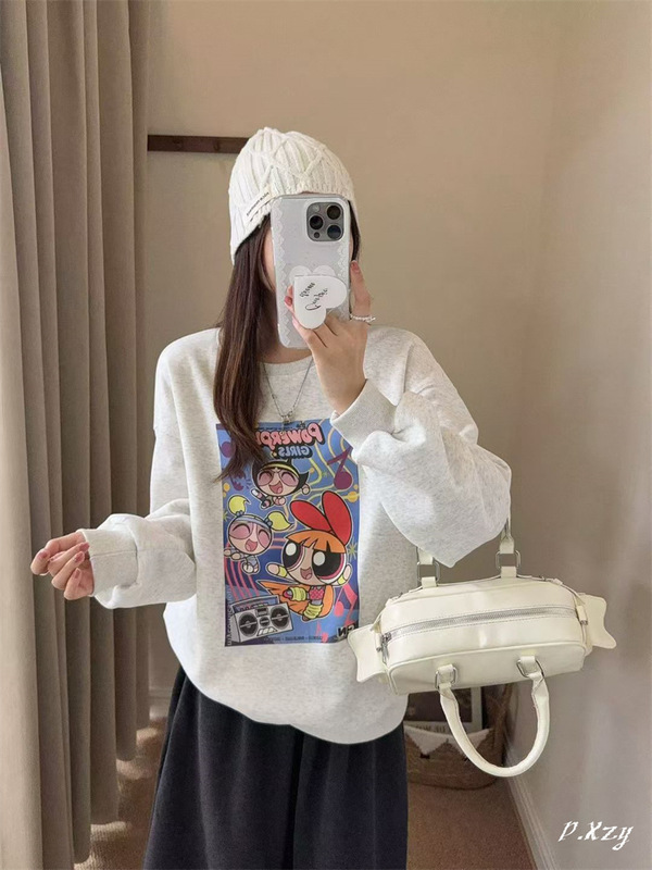 025慵懒风圆领卫衣女秋季新款薄款宽松韩版oversize女式上衣bf外|undefined