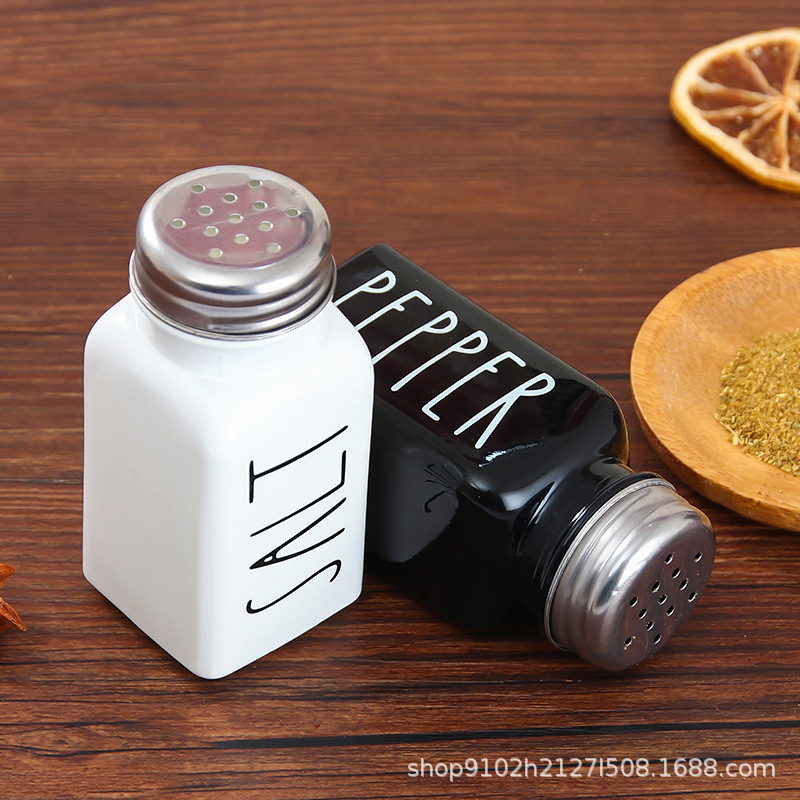 Amazon traje blanco y negro rosa azul cuadrado condimento botella barbacoa pimienta cocina condimento botella sal MSG botella de vidrio