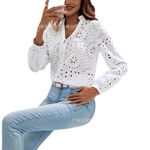 Amazon Women's Top eBay Western Cross-border International Trade Embroidered Button Shirt Fashion Long Sleeve Elegant