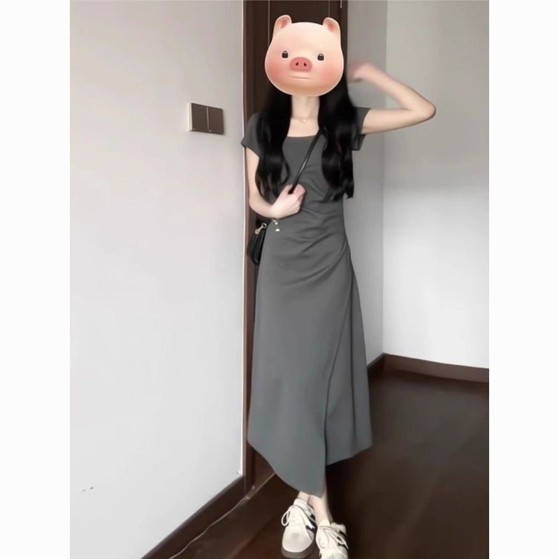 法式气质灰色连衣裙子女装夏季2025新款感小个子收腰显瘦长裙|undefined