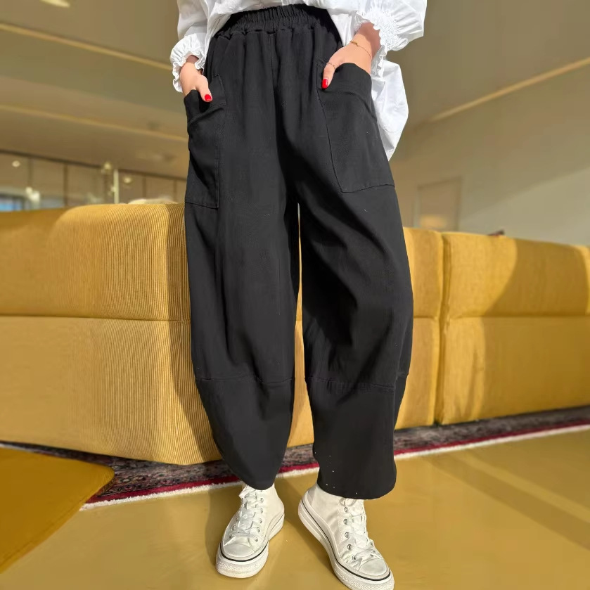2026欧美亚马逊新品女装爆款 纯色棉麻宽松大口袋松紧腰休闲裤