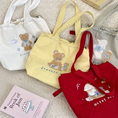5915 ins可爱卡通刺绣帆布包大容量女简约百搭抽绳束口单肩手提包