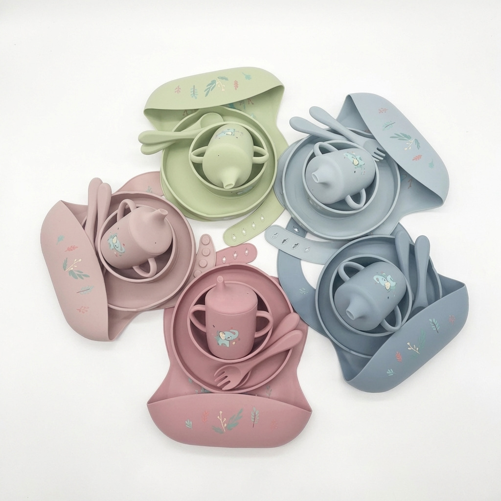 Baja de ventosas para niños, platos de comedor, cuencos, horquilla, tazas de agua, cubiertos de silicona para bebés