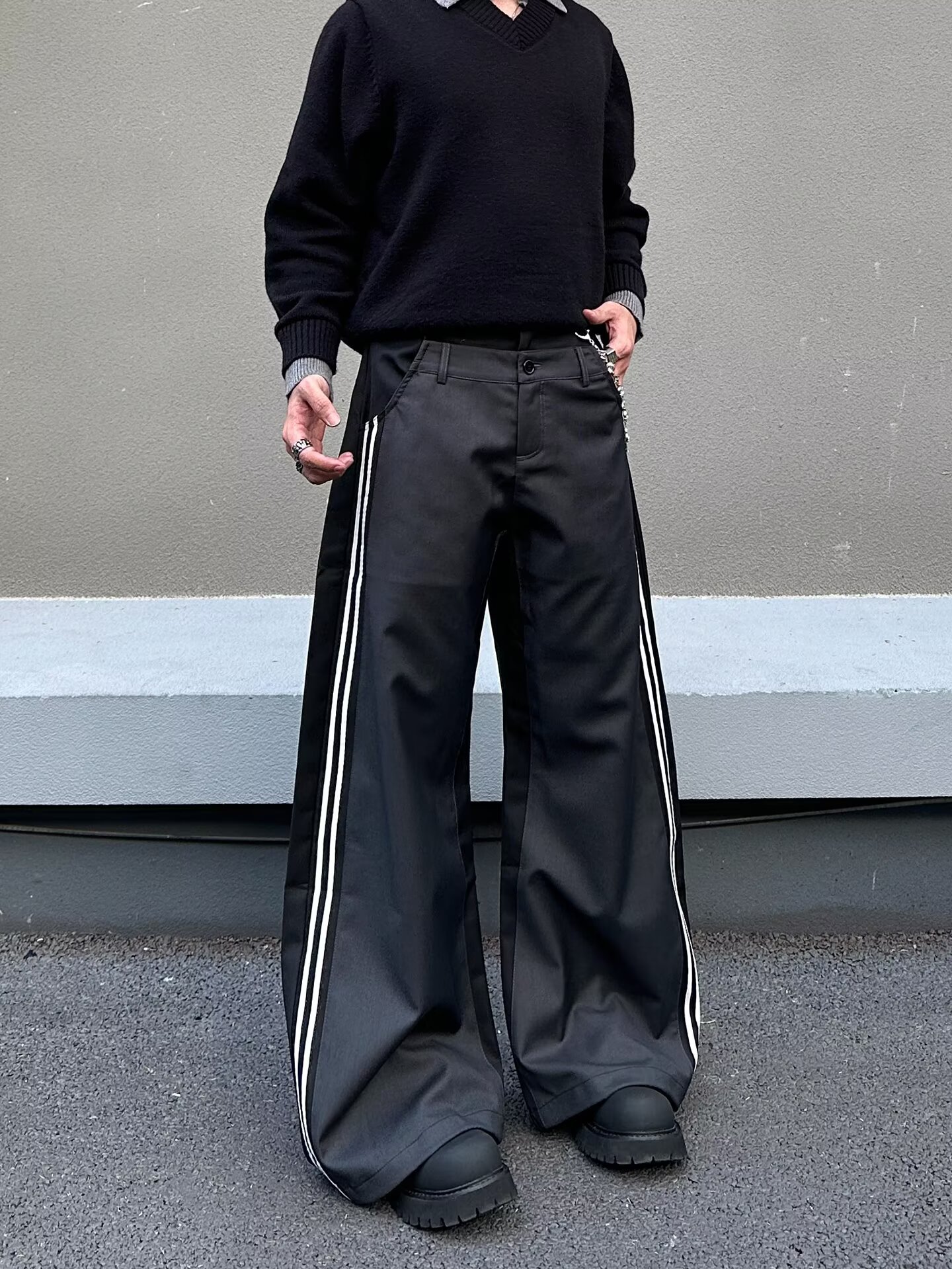 Men's Casual Pants Retro Double Waistband Spliced Curved Blade Loose Long Trousers_mkmklike.com
