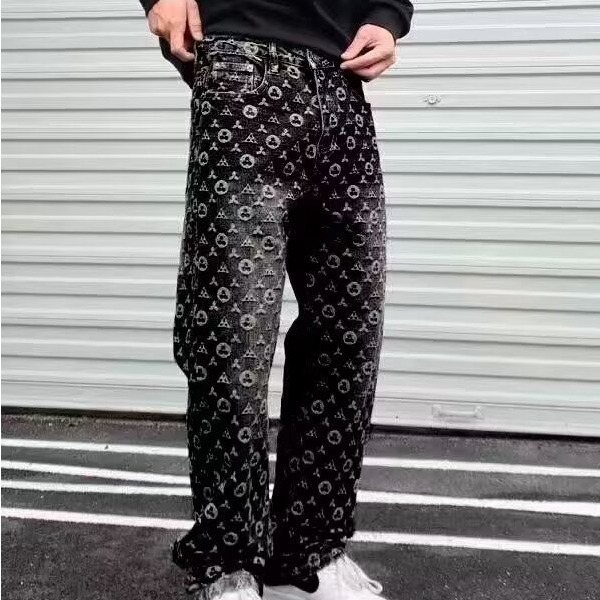 Men's Vintage Washed Denim Jacquard Printed Pants Straight-Leg Cut Retro High Street Aesthetic Jeans_mkmklike.com