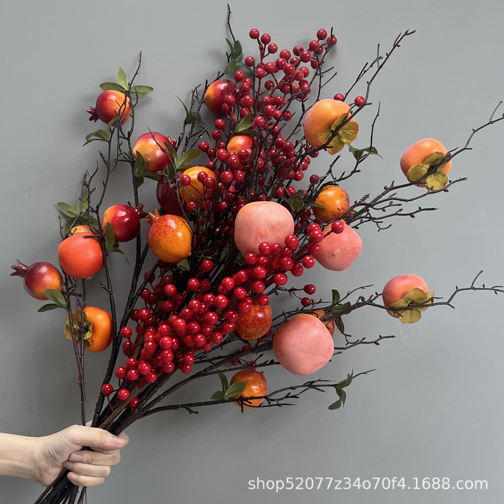 年宵花仿真冬青果富贵红果发财果装饰福桶银杏叶金色假花新年摆件