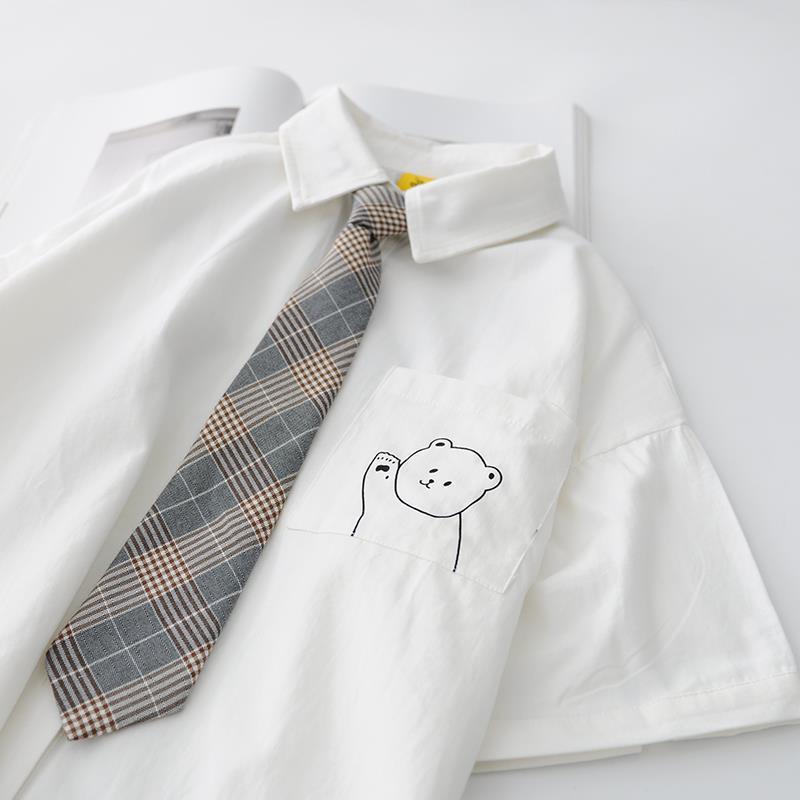 2026 Summer Japanese College Style Detachable Plaid Tie Shirt with Bear Embroidery White Short-Sleeve Shirt for Girls 2026 Summer Japanese College Style Detachable Plaid Tie Shirt with Bear Embroidery White Short-Sleeve Shirt for Girls