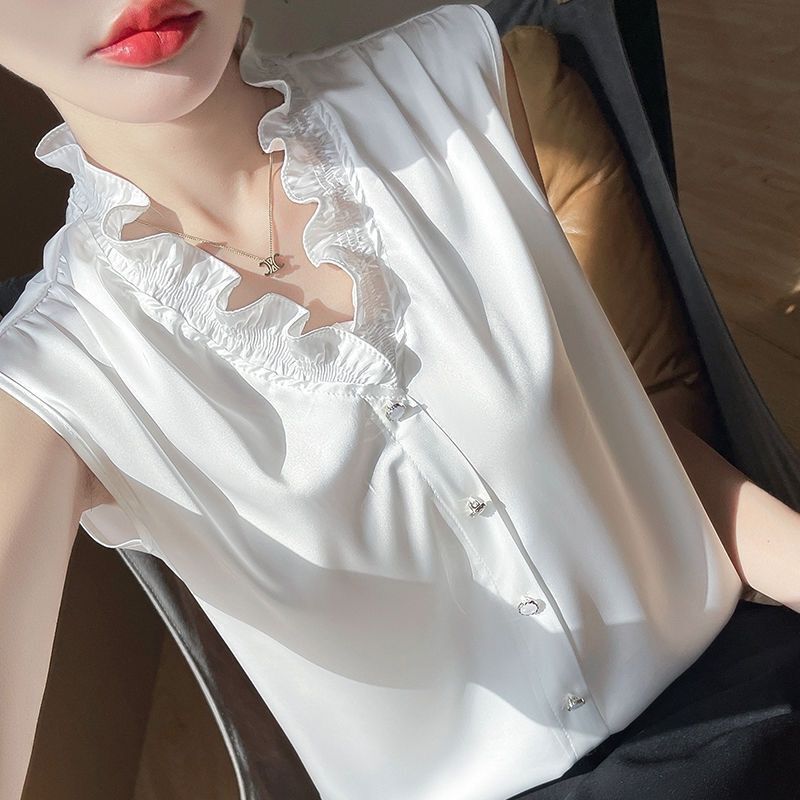 法式V领木耳花边丝滑缎面无袖背心气质内搭女叠穿百搭打底夏季|undefined
