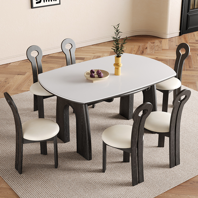 Mesa de comedor plegable de madera sólida medieval, mesa redonda de comedor tipo pequeño hogar retráctil de alta gama de tabla de roca, mesa de comedor retro y silla combinada