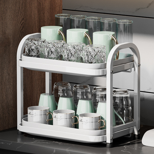 Multifunctional living room drain cup holder, desktop dustproof storage rack, double-layer cup drying shelf, water receiving tray, tea cup holder