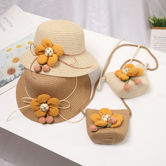 Children's Grass Hat for Girls Summer Sun Protection Flower Princess Hat Beach Hat Fisherman Hat Foldable Sun Hat Bag Set