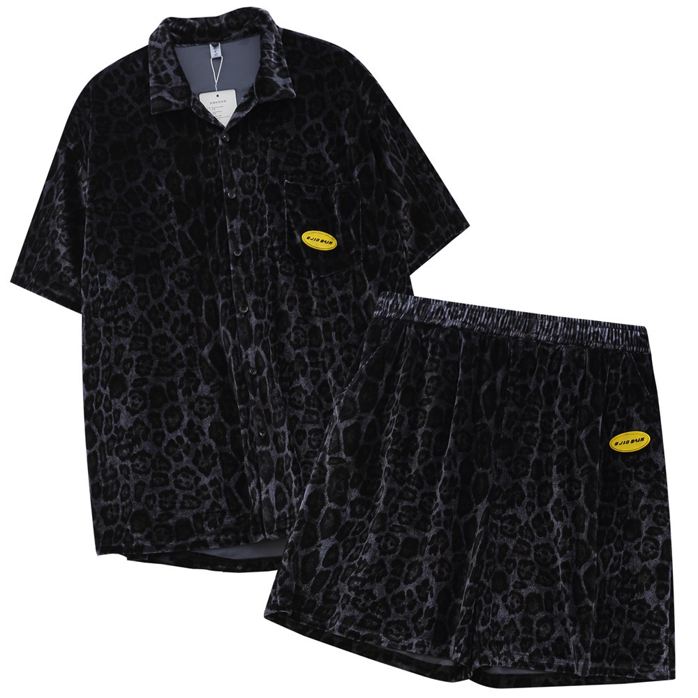 American Fashion Brand Leopard Print Velvet Casual Suit Men's Bf Lazy Styley Loose Shirt Shorts Two-piece Set