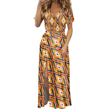 跨境新款短袖時尚氣質非洲花紋印花圖形印花短袖開叉性感長裙套裝
