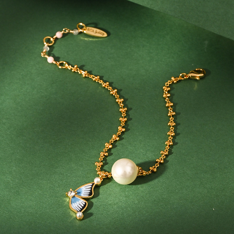 New Original National Fashion Elegant Enamel Glaze Blue Butterfly Pearl Bracelet Exquisite Fairy Style Hand Jewelry for Women