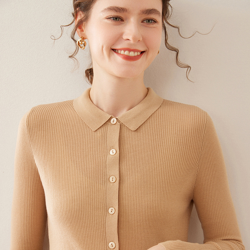 Spring and Autumn New Arrival Worsted Mulberry Silk POLO Collar Knitted Cardigan Women's Solid Color Thin Elegant Simple High-end Top