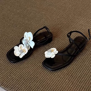 羊皮版~法式花朵一字带凉鞋女春夏新款仙女风软皮沙滩露趾凉鞋
