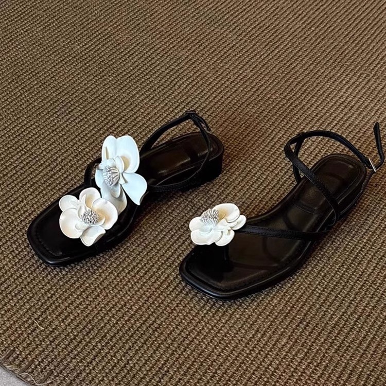 Sheepskin Version ~ French Style Flower Strap Sandals Women's Spring and Summer New Fairy Style Soft Leather Beach Open Toe Sandals