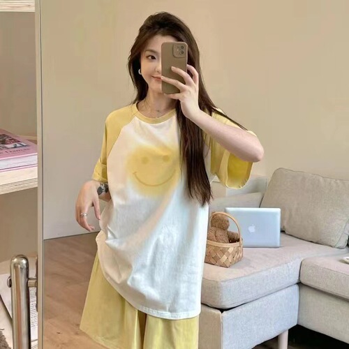 Summer Bestselling Women's Double Short Sleeve Shadow Smiling Cute Sweet Student Home Dress Set Fashion Viral Bestseller