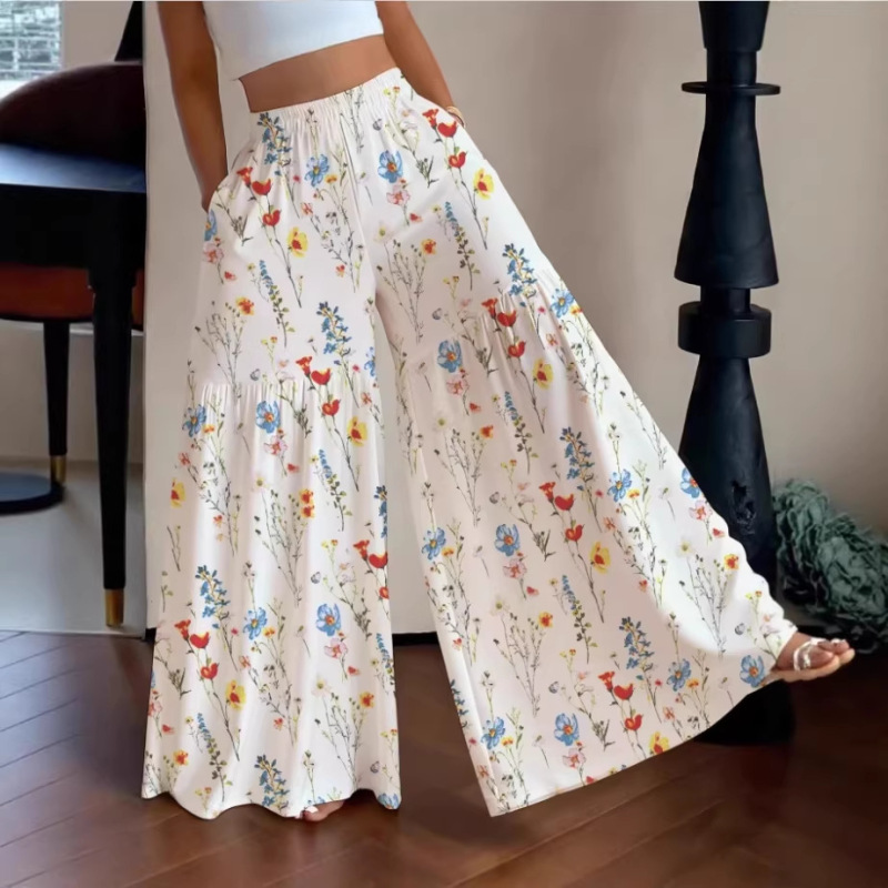 2026 European and American Cross-Border Floral Pants for Women, High-Waisted, Casual, Loose, Thin, Wide-Leg, Flowy, Slimming, Versatile Straight-Leg Long Pants