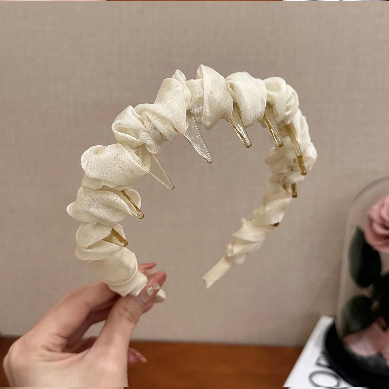 Beige - bubble pleated soft gauze headband