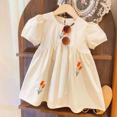 Korean version of children's clothing version of girls' flower embroidered puff short-sleeved irregular waist style princess dress 2024 summer fashion trend
