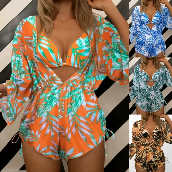 Amazon Cross-border European and American Foreign Trade Swimsuit Long-sleeved Transparent Mesh Three-piece Bikini Suit Swimsuit Women